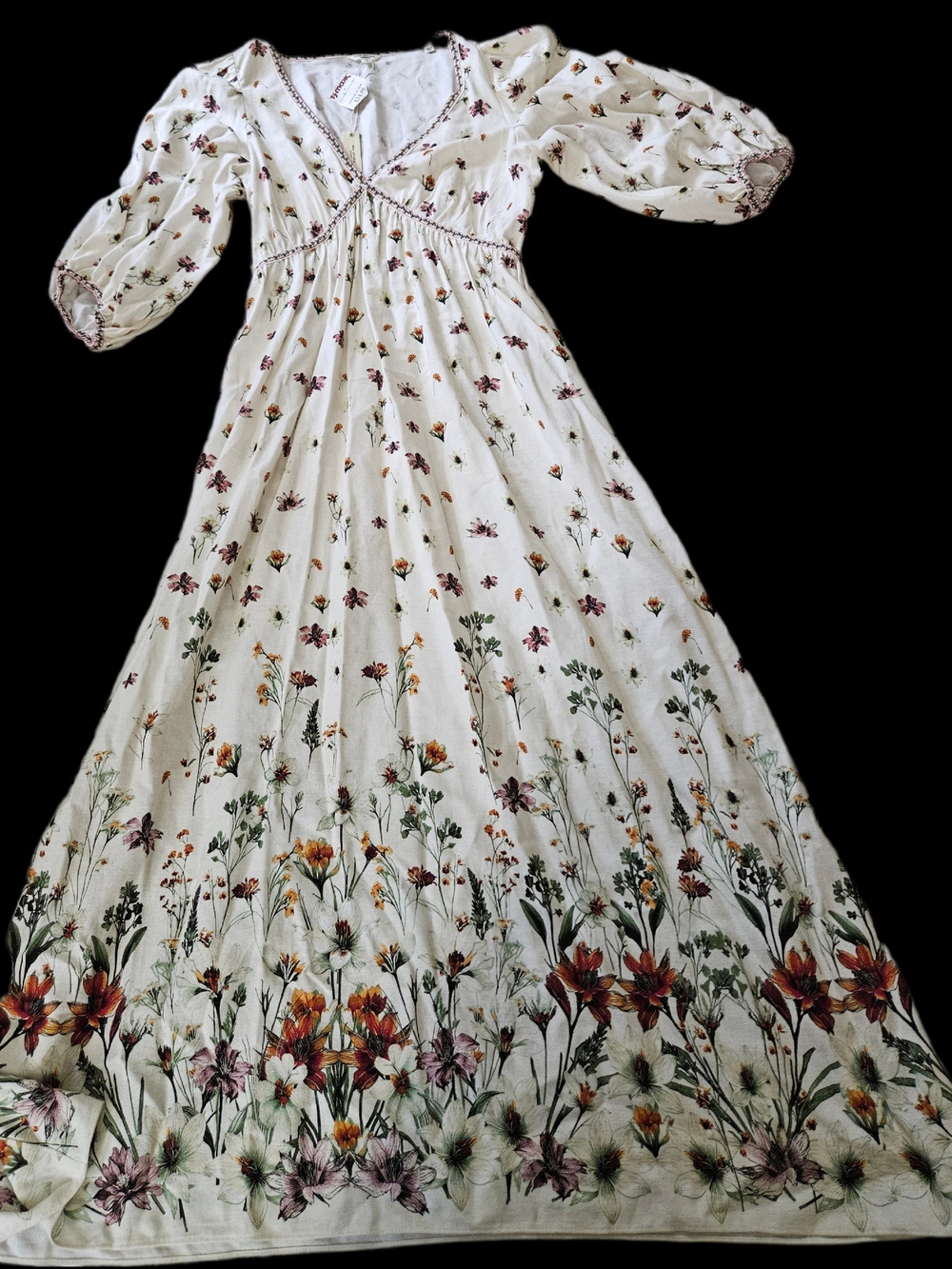 Stunning Max Studio London Cream Linen Maxi Dress with Multi-Color Floral Border